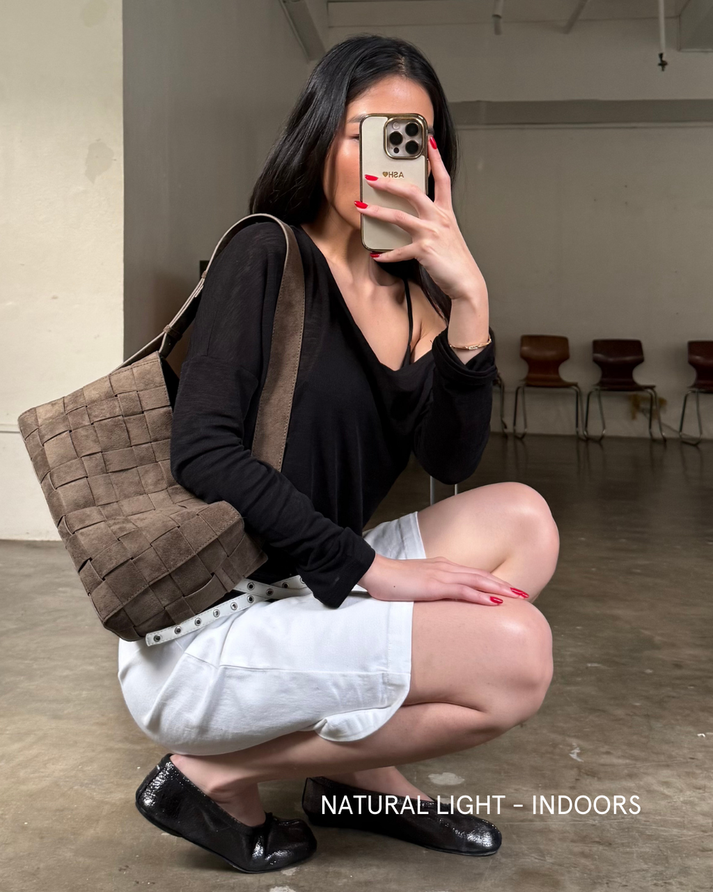 Medium Woven Frame Bag in Suede Moss