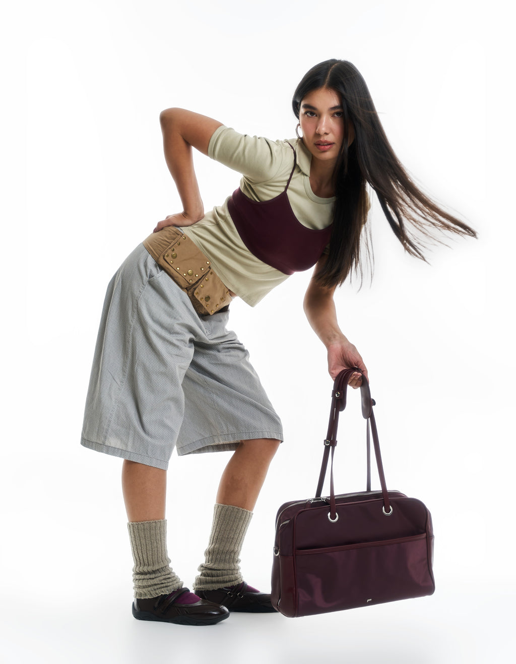 Large Nylon Bowler Bag in Oxblood