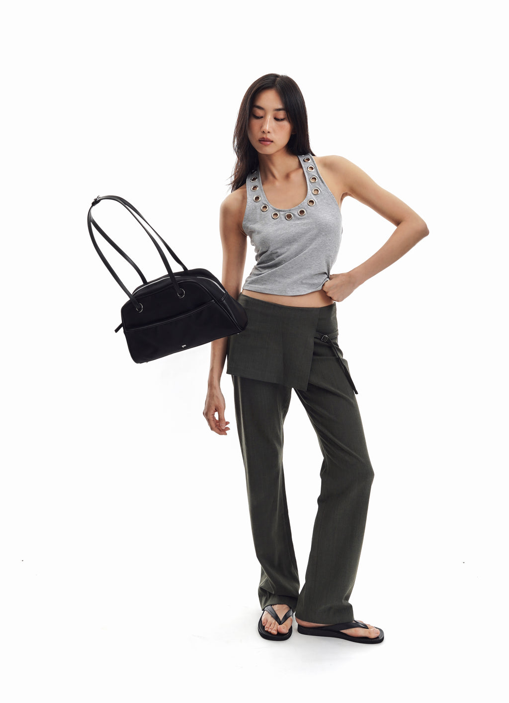 Medium Nylon Bowler Bag in Charcoal