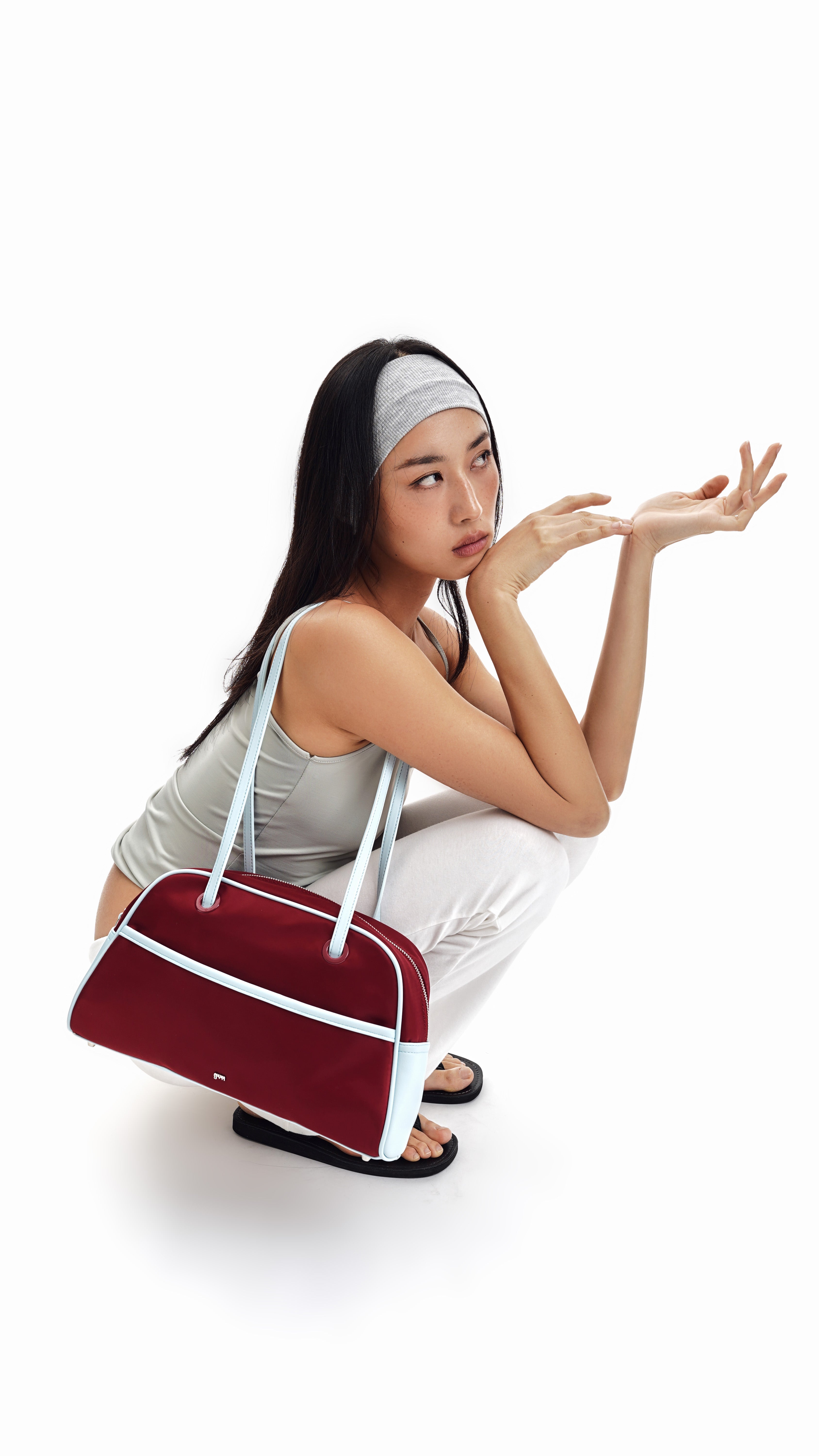 Medium Nylon Bowler Bag in Currant