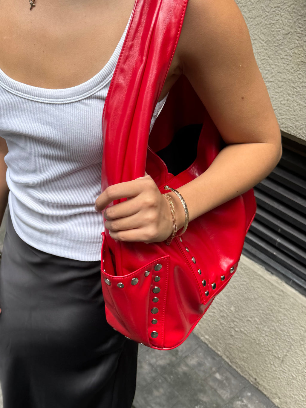 Limited Edition: Medium Studded Hobo Bag in Washed Oil Chili