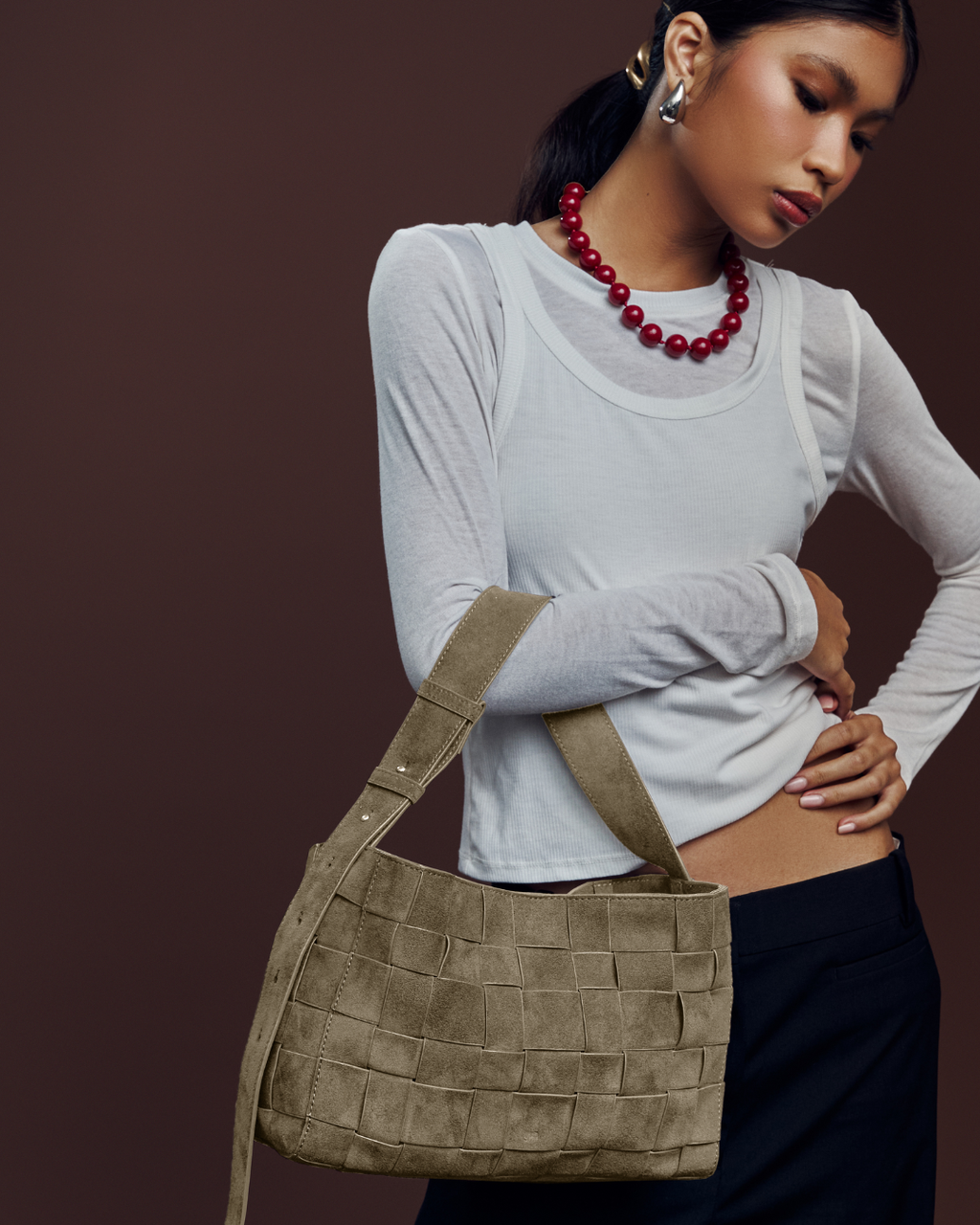 Medium Woven Frame Bag in Suede Sand